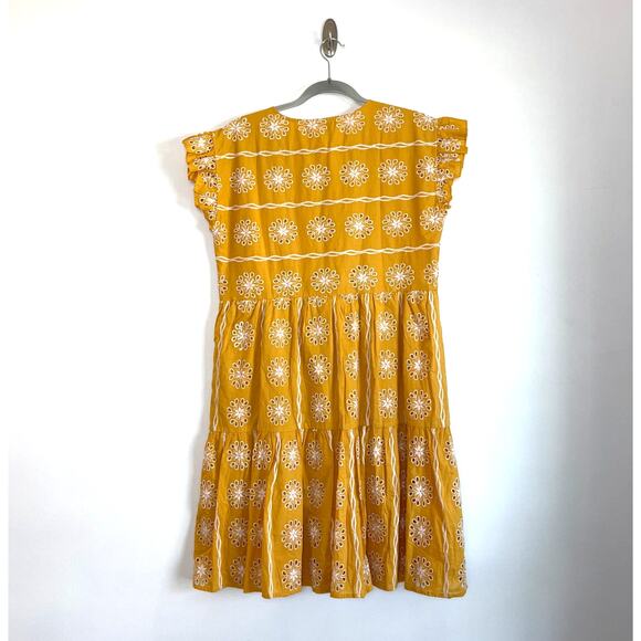 Loft Eyelet Embroidered Tiered Cotton Knee Length Dress Size S Yellow Boho NWT - Picture 2 of 6